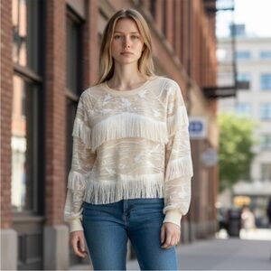 Elie Tahari Hummingbird Embroidered Sweater Fringe cream ivory small merino wool